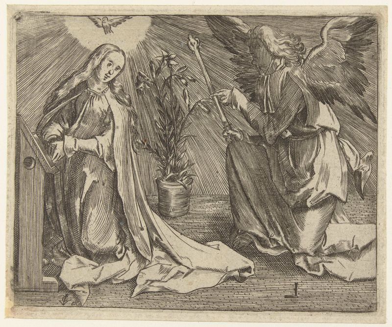 Gravura de Unknown Artist mostrando um anjo com asas, iluminado por luz suave.