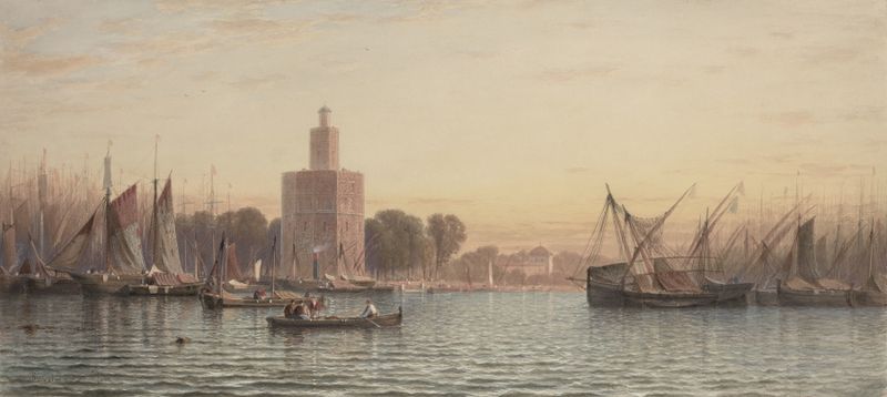 O Porto de Sevilha de Samuel Colman, óleo sobre tela, retratando barcos ao pôr do sol.