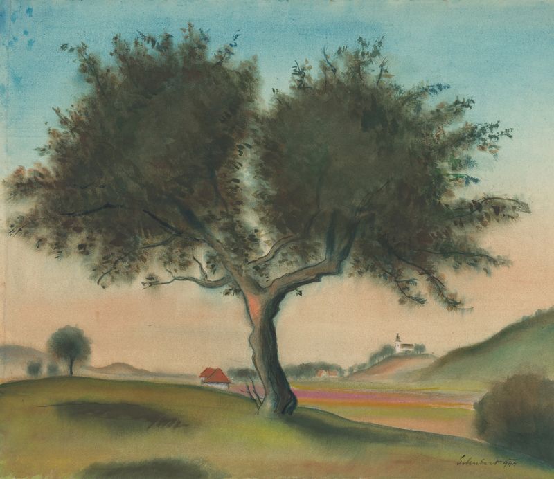 Landscape with a Tree by Július Schubert, oil painting depicting a solitary tree in a muted landscape.