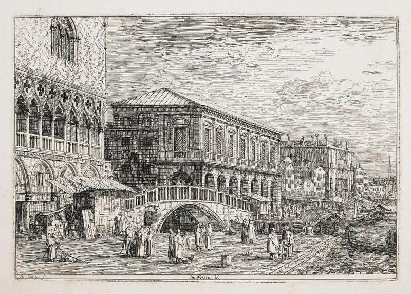 Paisaje rococó de Canaletto, Le Preson. V, que representa agua y arquitectura.