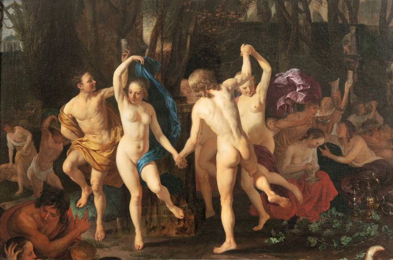 A Bacchanal de Jacob Van Loo, retratando uma reunião animada na natureza, pintura a óleo.
