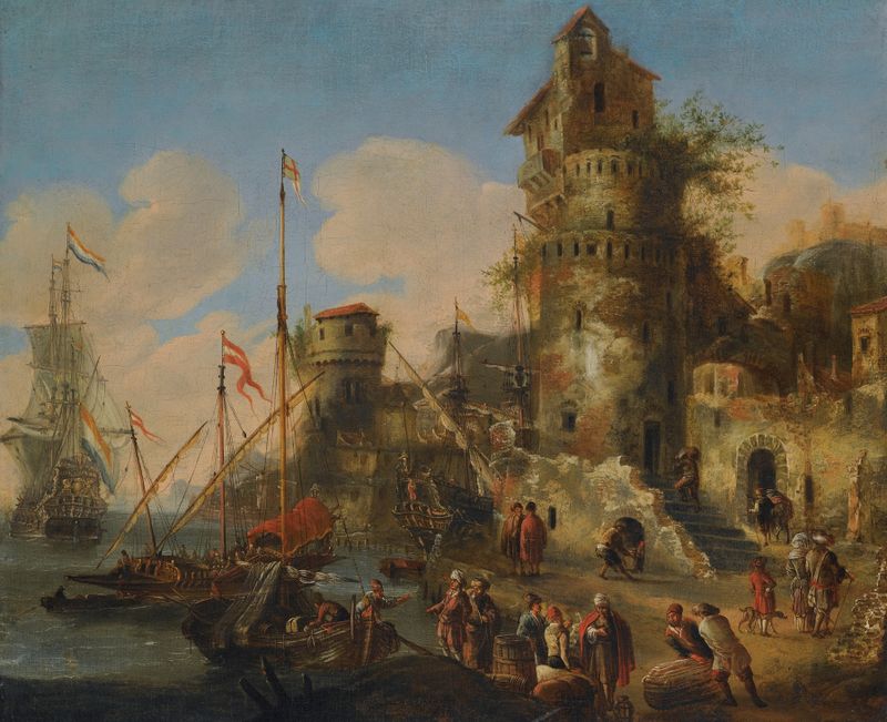 A Mediterranean Harbour Capriccio de Peter van de Velde, óleo sobre tela que retrata uma cena de porto serena.