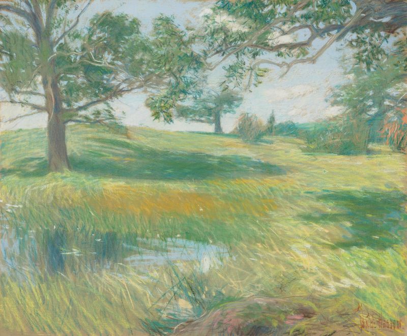 Meadows de Childe Hassam, óleo sobre lienzo que representa un paisaje vibrante con luz solar y vegetación.