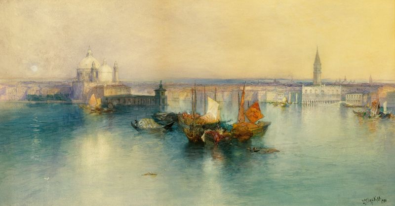 Venecia desde la Torre de San Giorgio de Thomas Moran, óleo que muestra un cielo vibrante y una ciudad.