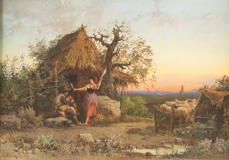 Escena de género con pastores tocando laúd y flauta, óleo de Hermann David Salomon Corrodi