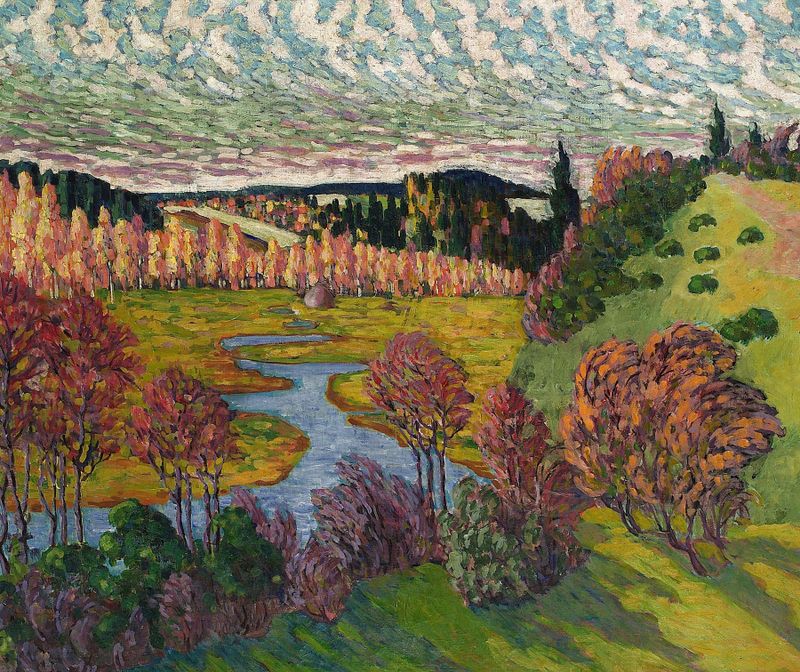 Sügismaastik de Konrad Mägi, pintura a óleo que retrata uma paisagem de outono com colinas e tons terrosos.