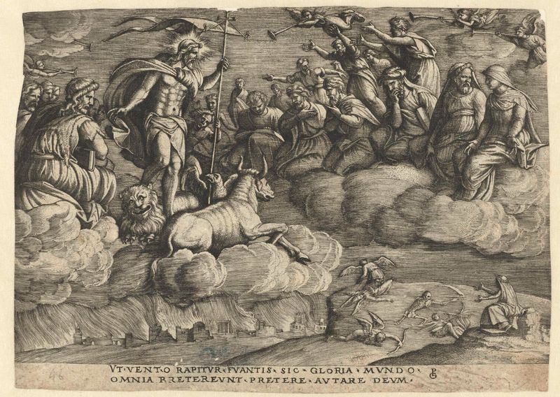Triomf van de Eeuwigheid gravura de Georg Pencz, com luz divina e figuras.