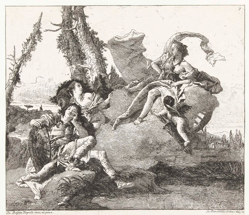 Gravura de Giovanni Domenico Tiepolo retratando Rinaldo e Armida em uma cena mitológica.