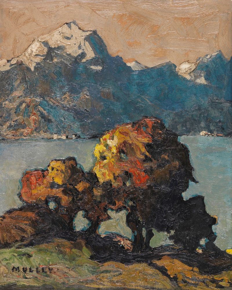 Autumn landscape oil painting by Oskar Mulley featuring Lake Garda.
