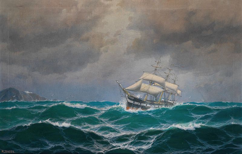 Dreimaster auf hoher See by Max Jensen, depicting a three-masted ship on a turbulent sea, oil painting.