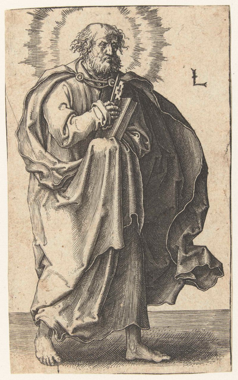 Gravura de Lucas van Leyden retratando o apóstolo Pedro em cores vibrantes