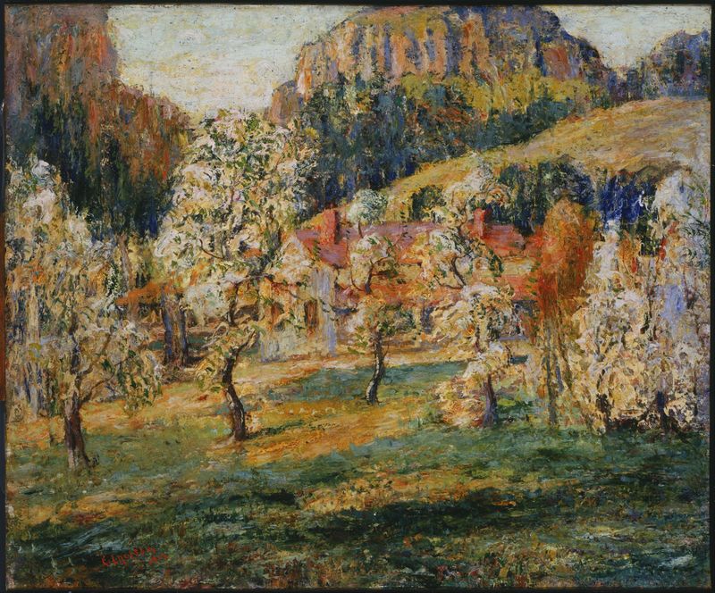Paisaje postimpresionista de Ernest Lawson, mostrando colinas y montañas en colores vibrantes.