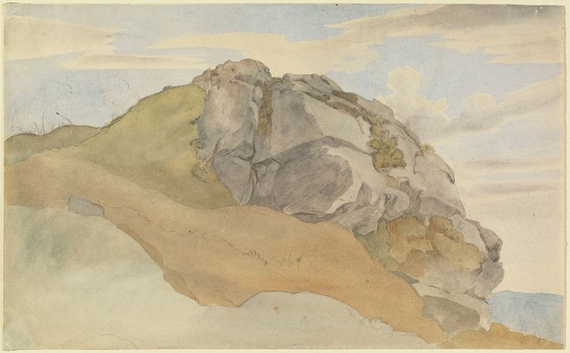 Rocky Outcropping by Ernst Ferdinand Oehme, oil painting of rugged cliffs under a stormy sky.