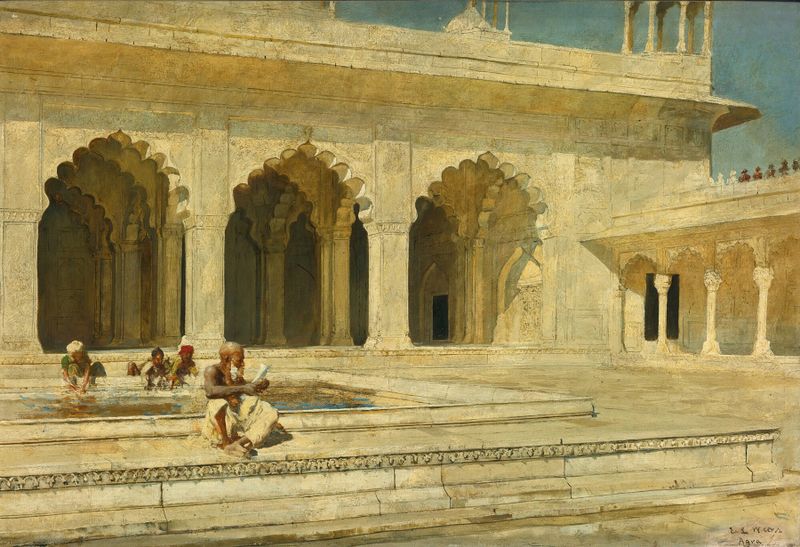 A Mesquita de Pérolas, Agra de Edwin Lord Weeks, pintura a óleo que retrata a arquitetura intrincada da mesquita.