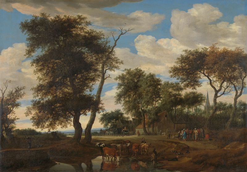 Vista de un pueblo de Salomon van Ruysdael, óleo sobre lienzo que representa cabañas y un río