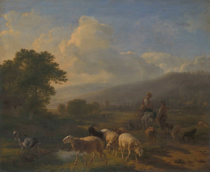 Shepherds with sheep in a mountainous landscape, oil painting by Balthasar Paul Ommeganck