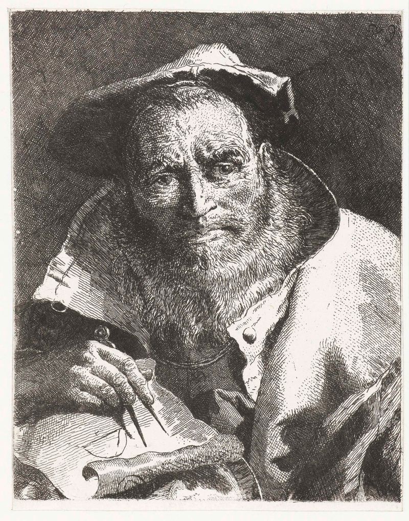 Gravura de Giovanni Domenico Tiepolo que retrata um estudioso com um compasso.
