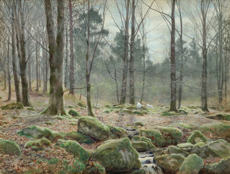 Landscape depicting a river and forest by James Thomas Watts, Impressionism