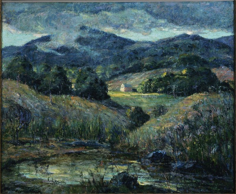 Approaching Storm de Ernest Lawson, óleo sobre tela representando uma paisagem tempestuosa com nuvens giratórias.