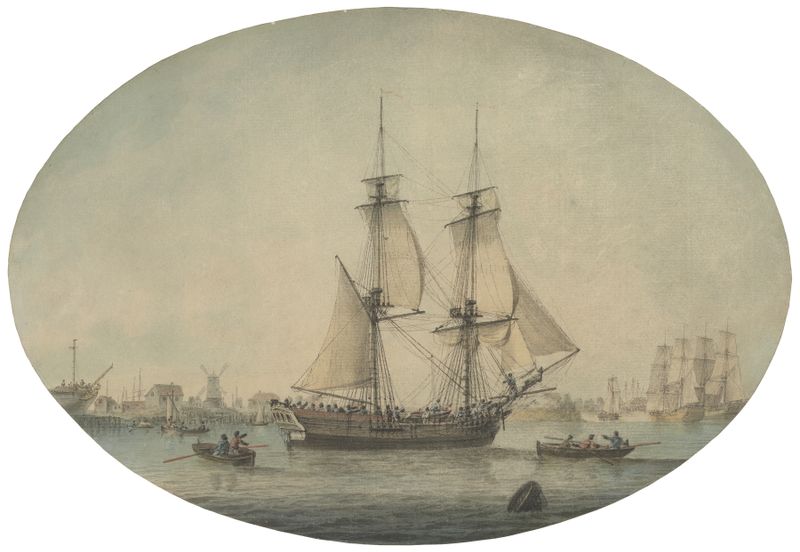 Marine scene with a trading brig on the Thames by Samuel Atkins, oil painting