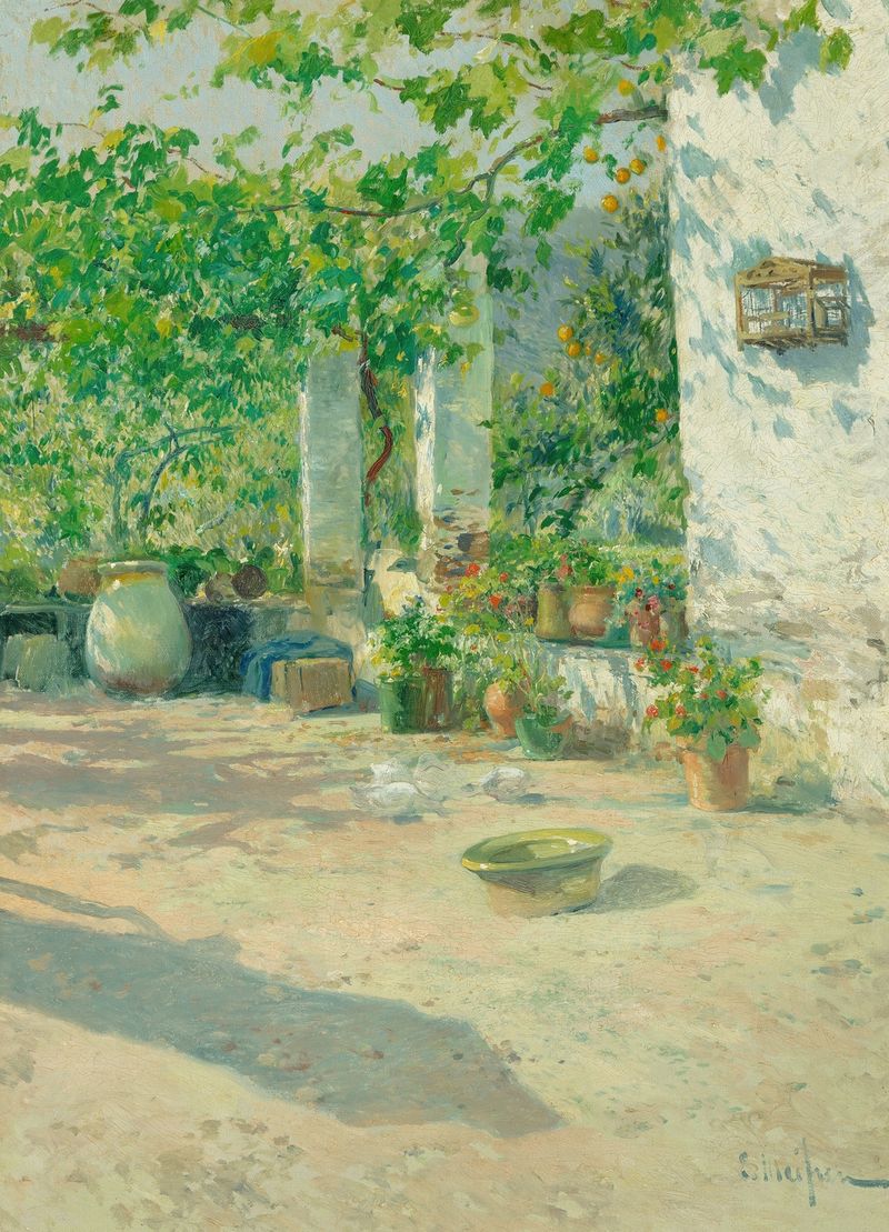 Pintura a óleo de paisagem de Eliseo Meifrén Y Roig com luz solar e flores