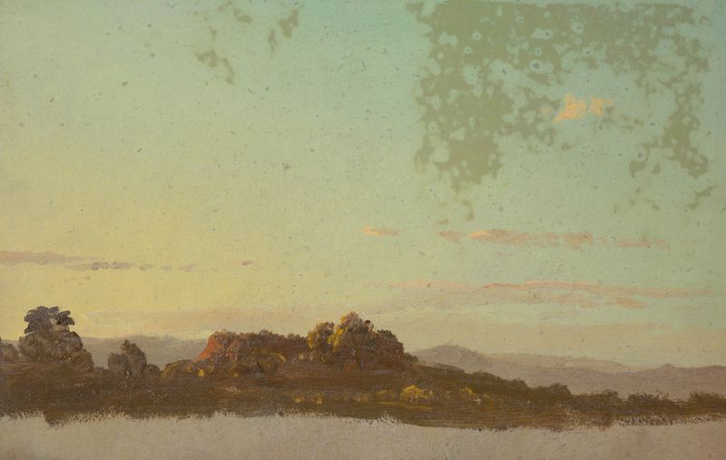 Summer landscape, óleo sobre lienzo de Frederic Edwin Church, que muestra campos verdes y un cielo brillante.