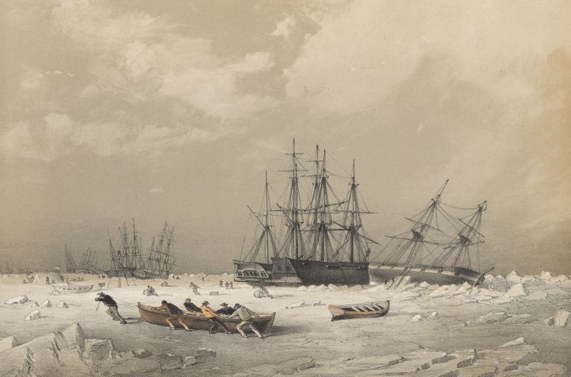 Loss of the M‘lellan de Walter William May, pintura a óleo de um naufrágio em águas serenas.