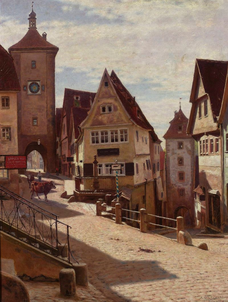 Pintura a óleo de paisagem de Aleksander Gierymski retratando Rothenburg com paralelepípedos e luz do crepúsculo