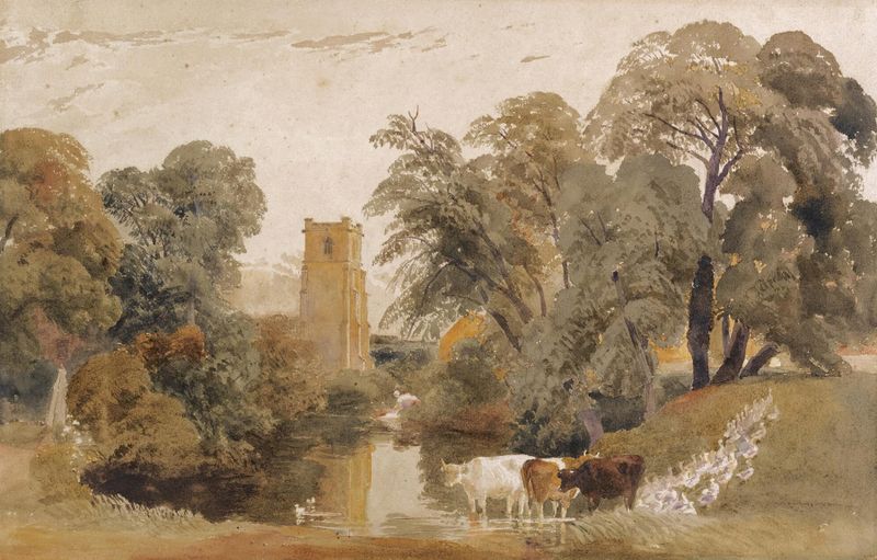 Landscape with cattle, geese, and a lady washing clothes, oil painting by Peter De Wint