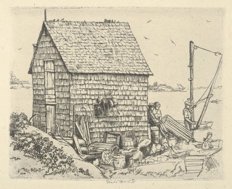Acuarela de Ernest Haskell que muestra la casa de un pescador con luz dorada y sombras.