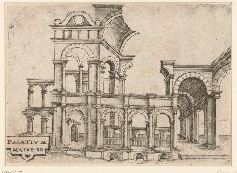 Gravura de um palácio clássico em ruínas com trepadeiras, de Unknown Artist