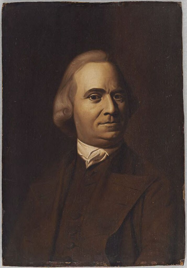 Retrato de Samuel Adams por Bass Otis, medio de madera, iluminado por luz cálida.
