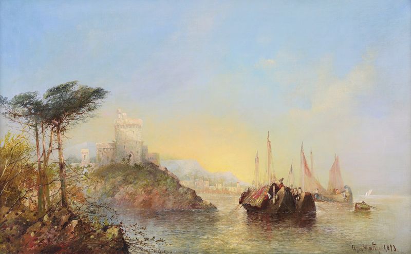 A Mediterranean Coastal Scene de Clifford Montague, pintura a óleo que retrata águas azuis e rochas iluminadas pelo sol.