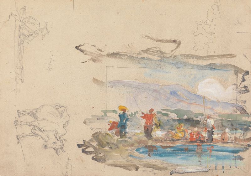 A Pool with Figures de George Chinnery, pintura a óleo com figuras à beira da água e reflexos.