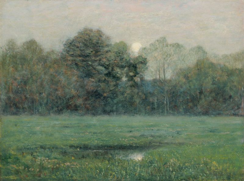 Midsummer Moonrise by Dwight William Tryon, oil on canvas depicting a tranquil landscape with a luminous moon.