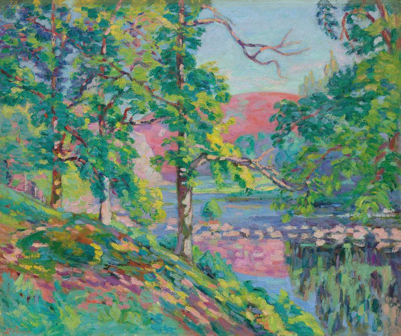 Paisaje óleo de Armand Guillaumin que muestra un río con bancos coloridos.