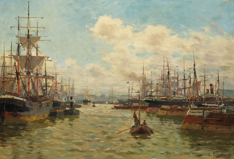 Marine by Edmond-Marie Petitjean, oil on canvas depicting a twilight ocean scene