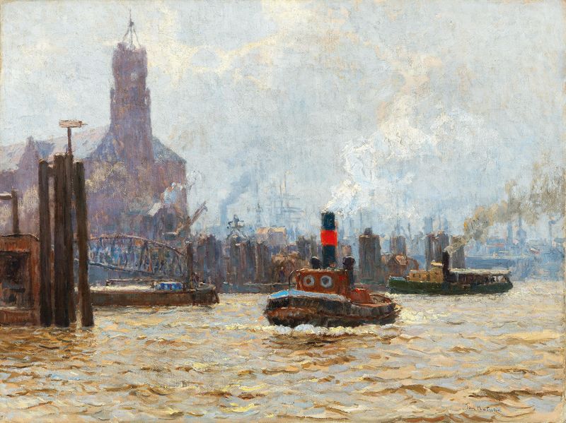 Port of Hamburg with View of the Kehrwieder Spitze, oil on canvas by Paul Kutscha