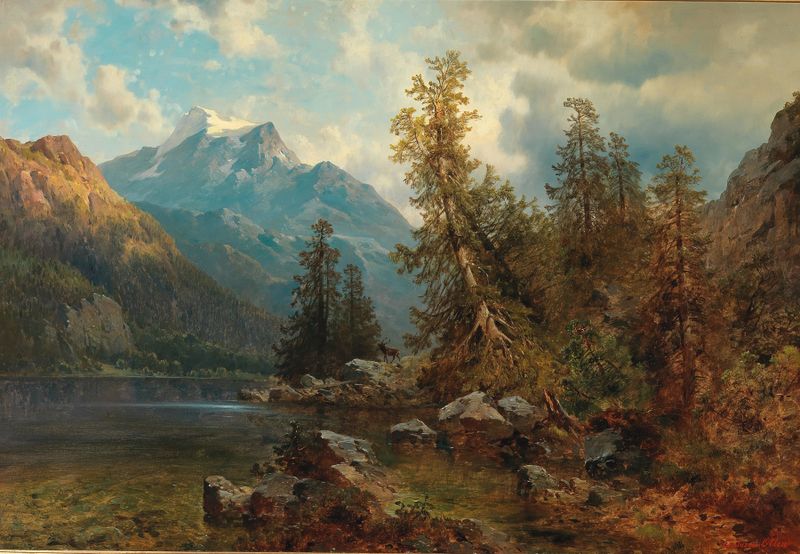 Norwegischer See de Justus von Olten, óleo sobre tela, retratando uma paisagem vibrante com água e montanhas.