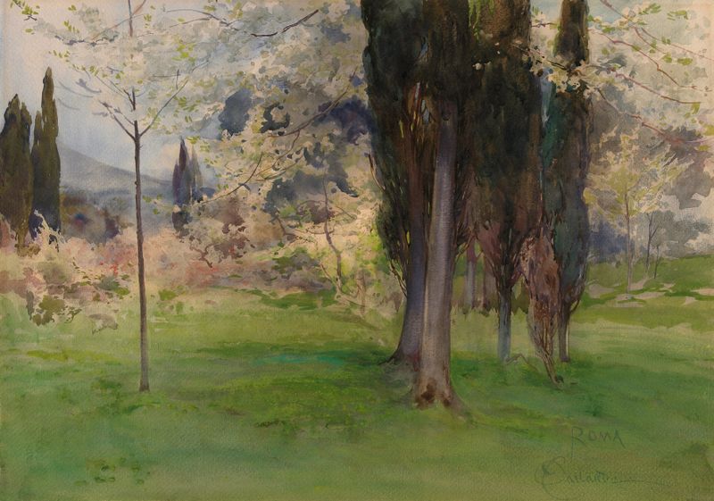 Spring Landscape with Trees, óleo sobre lienzo de Onorato Carlandi, con exuberante vegetación y árboles serenos.