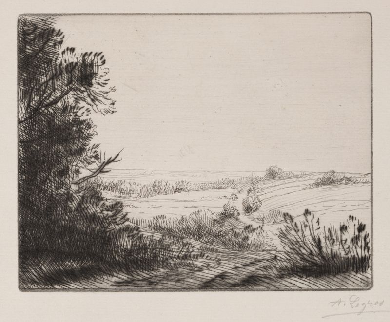 Paisagem com uma estrada sinuosa ao pôr do sol, óleo sobre tela de Alphonse Legros