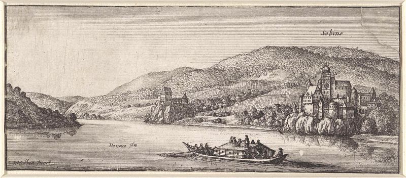 Landschap met gezicht op Sebins aan de Donau, gravura de Wenceslaus Hollar, mostrando colinas e um rio.