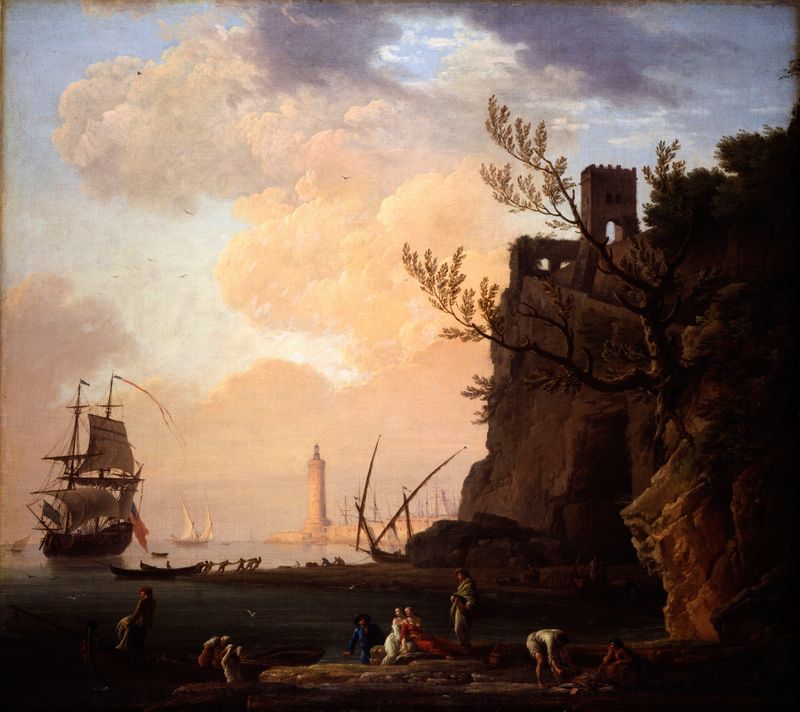 Rococo oil painting by Claude-Joseph Vernet depicting a tranquil harbour with boats.