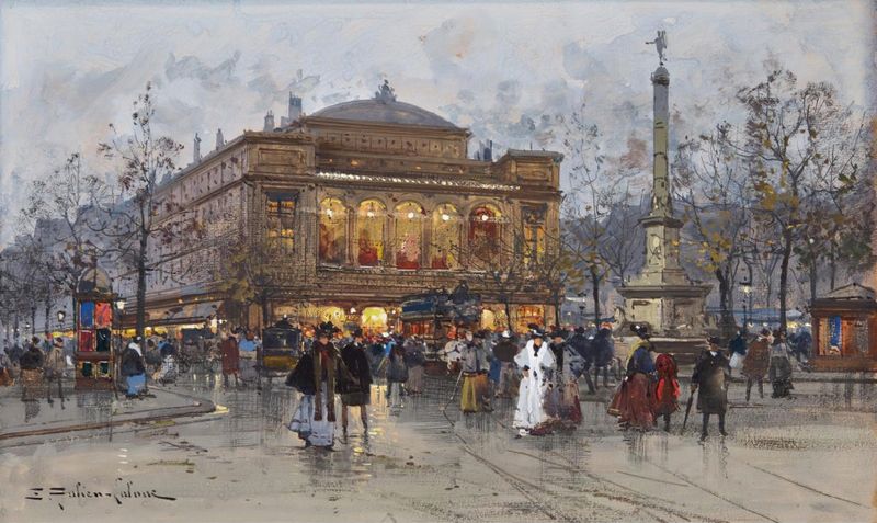 Le Théâtre Du Châtelet, París de Eugène Galien-Laloue, pintura al óleo que muestra un teatro iluminado por la noche.