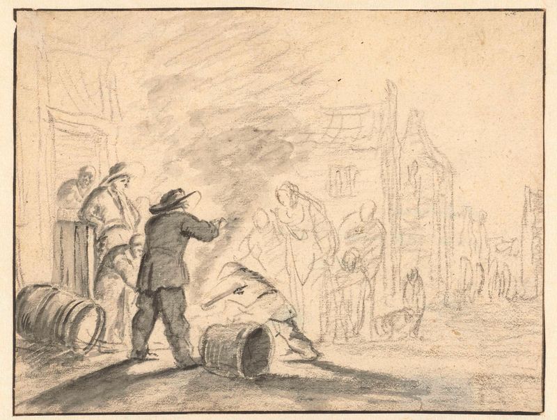 Cena de gênero com figuras ao redor de um fogo, pintura a óleo de Adam Louisz Colonia
