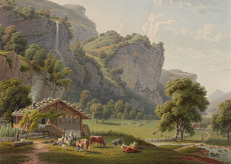 Landscape with a farmhouse and mountains, oil painting by Gabriel Lory the older