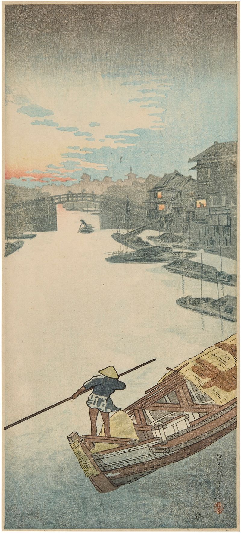 Woodblock print by Takahashi Hiroaki depicting Gengabashi Bridge at twilight