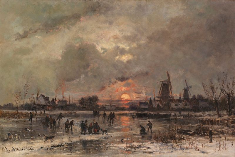 Wintervergnügen am zugefrorenen Fluß by Adolf Stademann, oil painting depicting figures on a frozen river.
