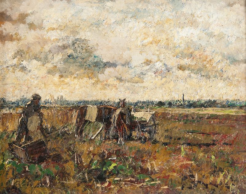 Realism landscape by Károly Kotász depicting a farmer in a vast plain.