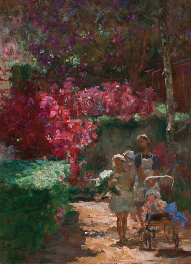 Pintura al óleo de Eliseu Visconti que muestra figuras paseando en un parque con luz moteada.